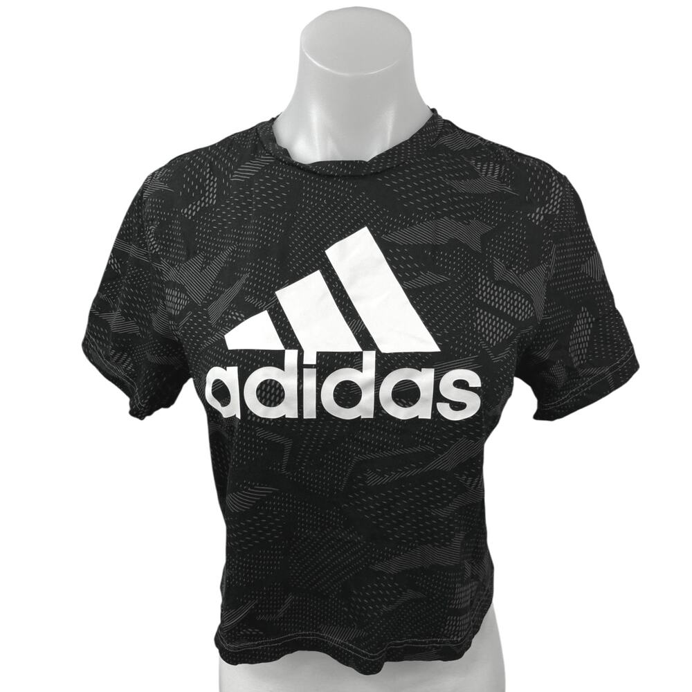 Adidas Essentials Womens Black White All Over Print Athletic T Shirt Tee Top S